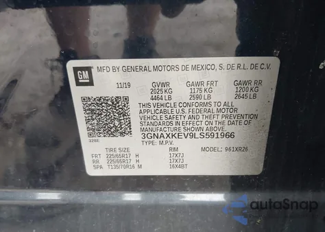 2020 Chevrolet Equinox Fwd Lt 1.5L Turbo z USA, uszkodzony, nr VIN 3GNAXKEV9LS591966